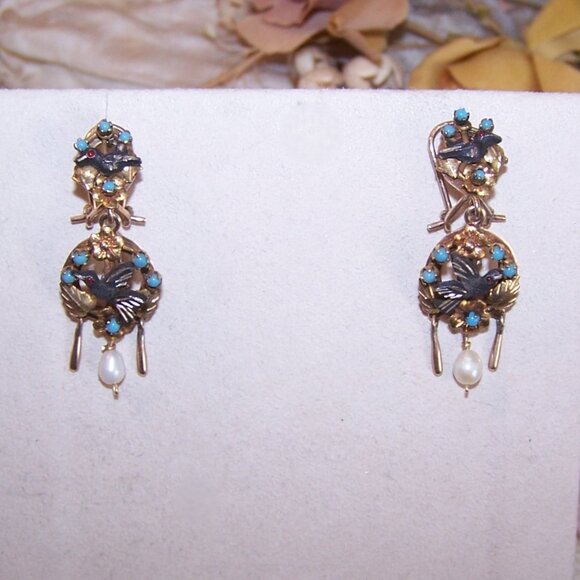 Victorian Revival Mexican 10K Gold Fine Silver Turquoise Dangle Earrings - Picture 2 of 8